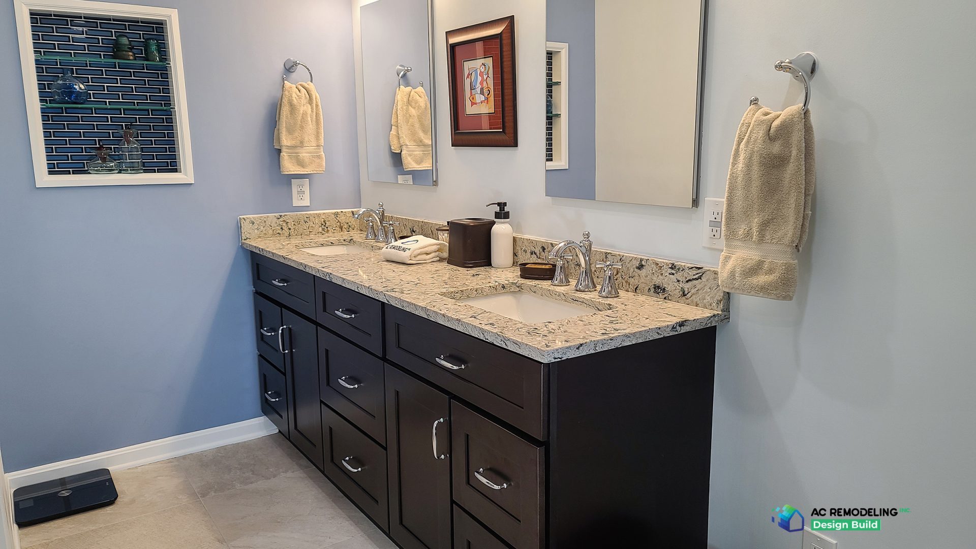 Remodeled spa bathroom with quartzite shower and freestanding tub
