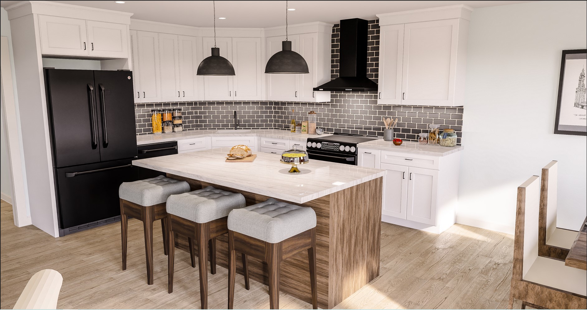 White shaker kitchen with wood island and matte black accents by AC Remodeling
