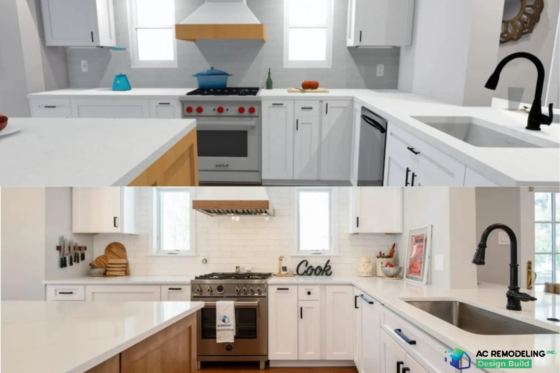 Side-by-side of a 3D kitchen design rendering and the completed remodeled kitchen
