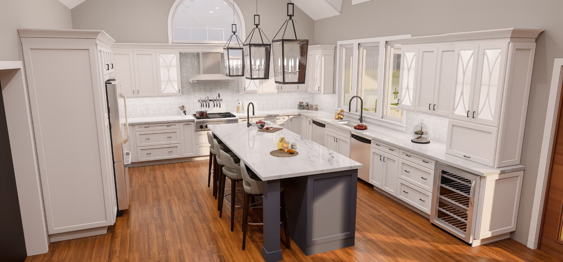 Design-build kitchen rendering with white inset cabinetry, quartz island and lantern pendants