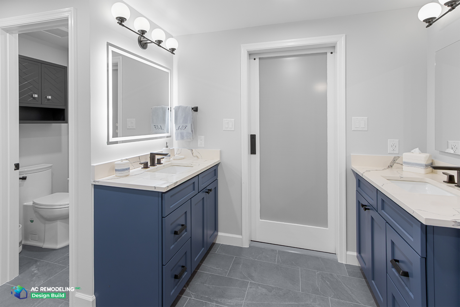 Twin navy vanities with quartz counters, globe sconces, backlit mirrors and frosted pocket door