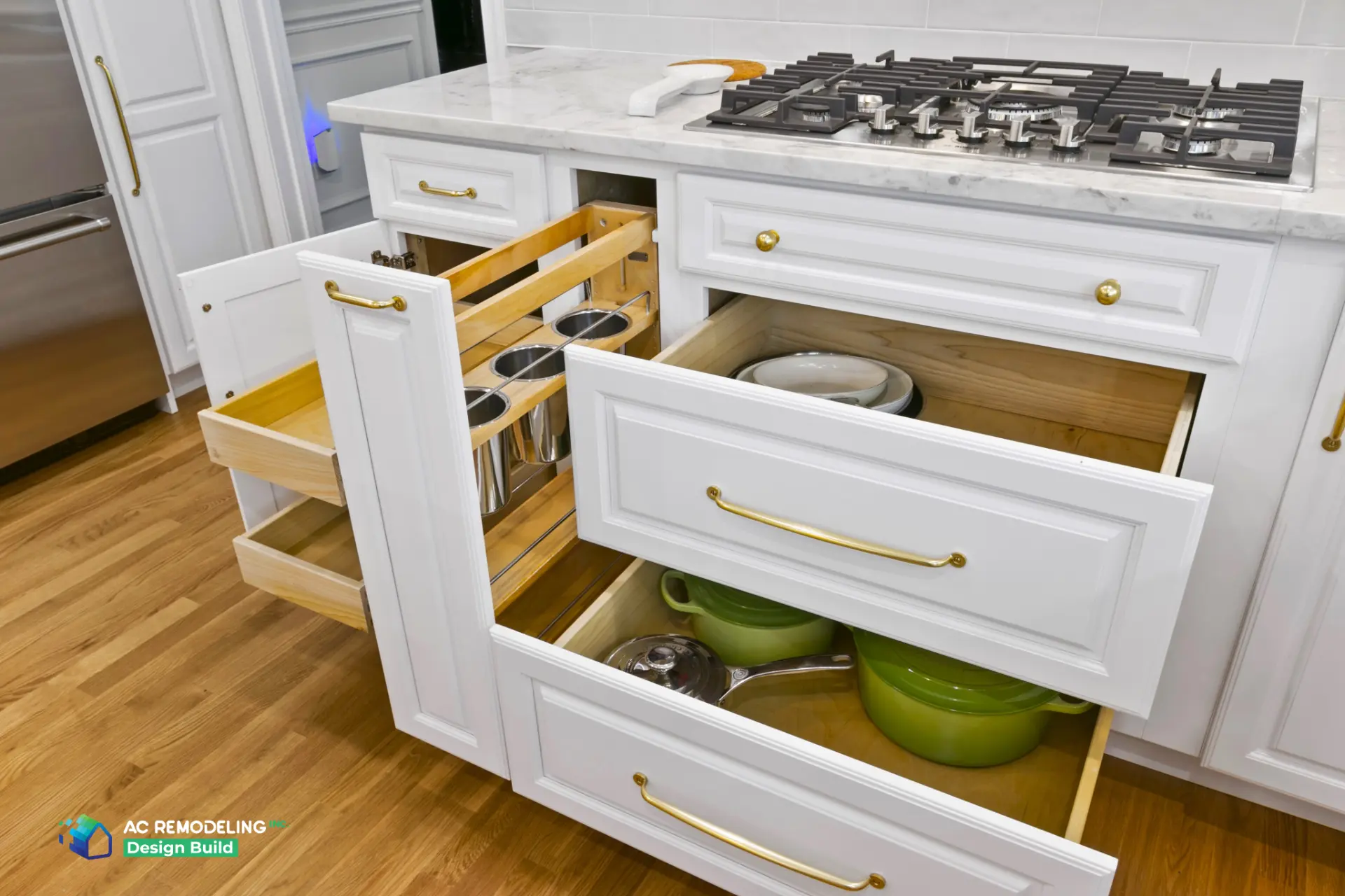 Custom cabinet interiors with pull-out storage and gas cooktop above