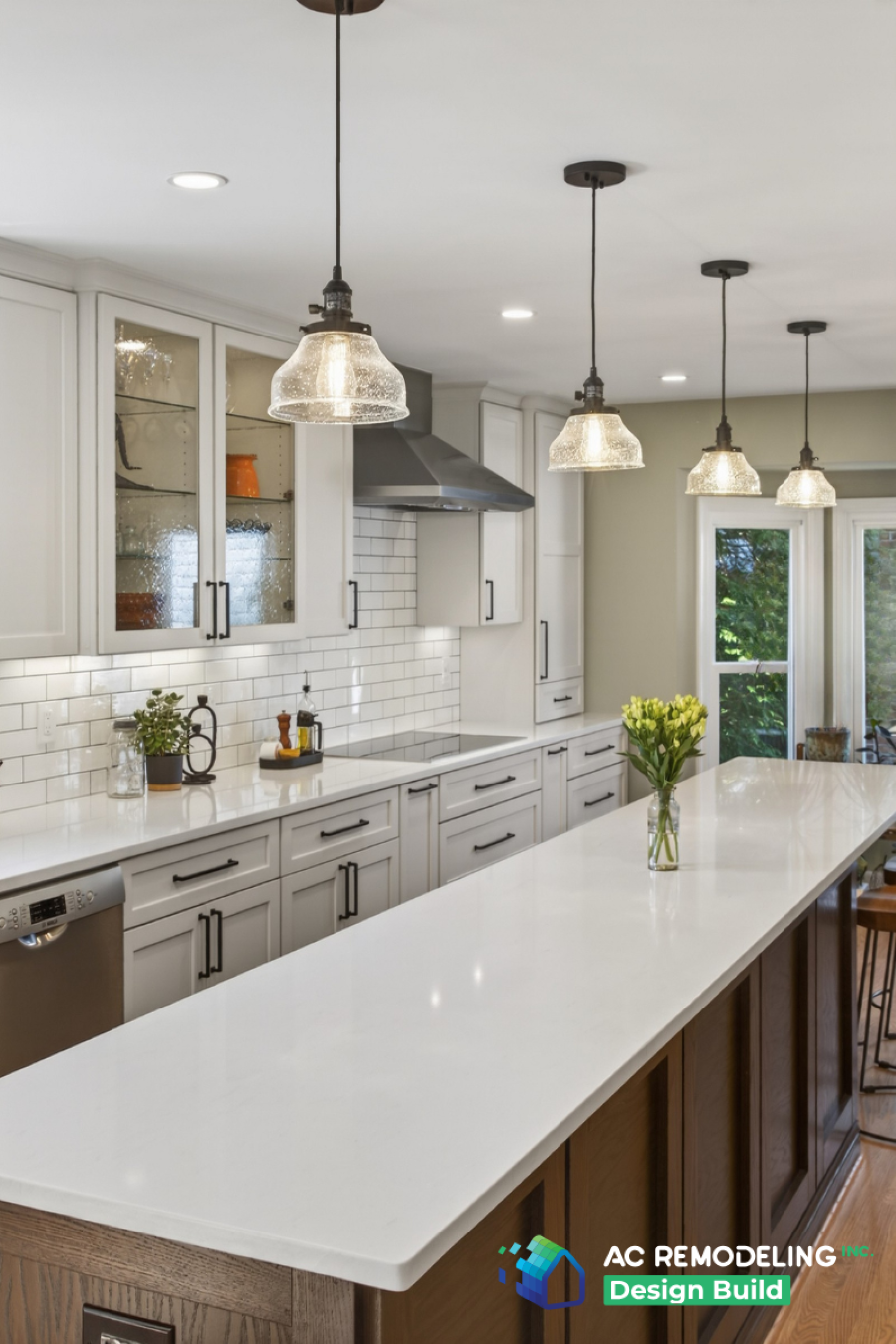 Vertical view down the quartz island with glass pendant lights and stained-oak base